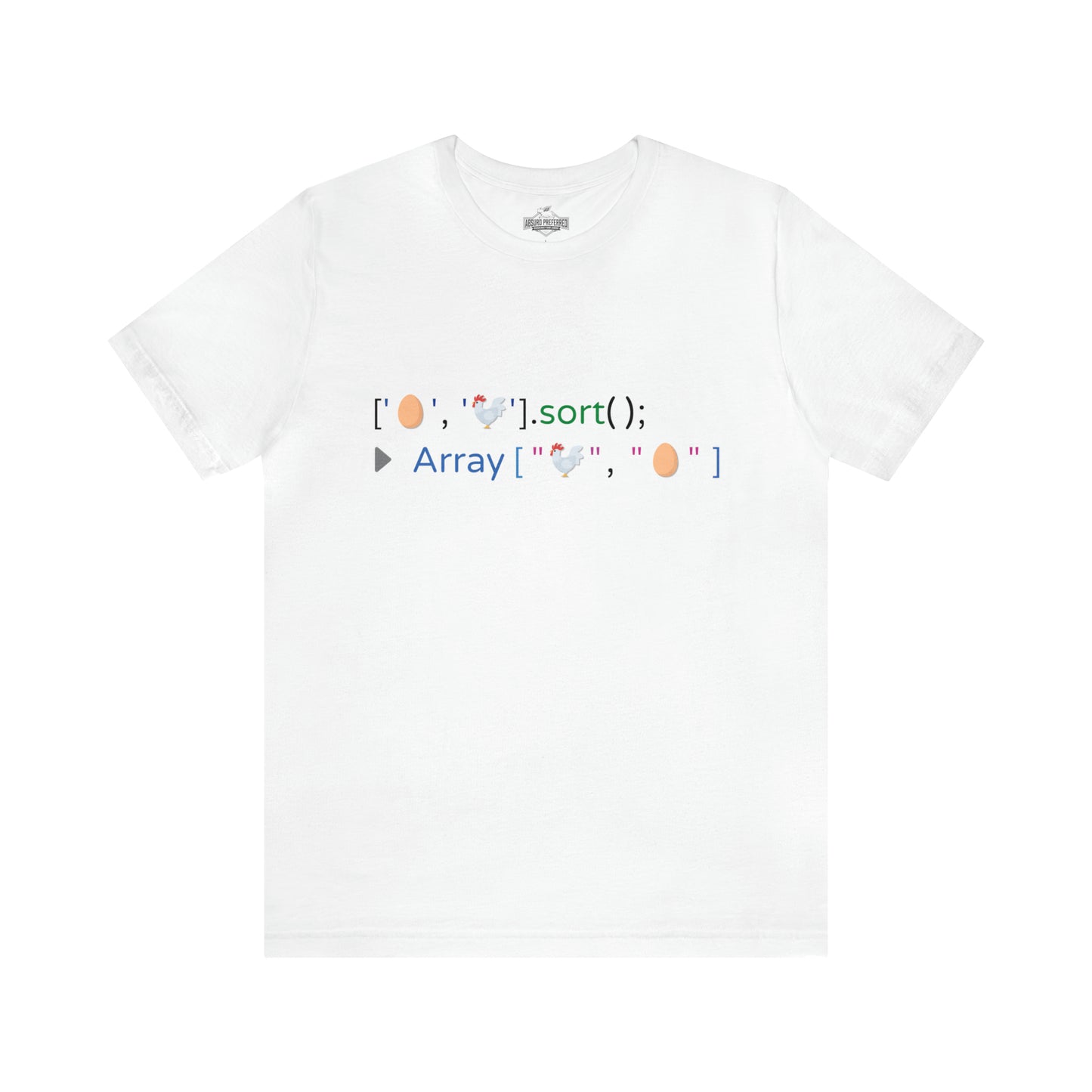 White colored t-shirt with funny javascript that sorts an array of emojis representing a chicken and an egg