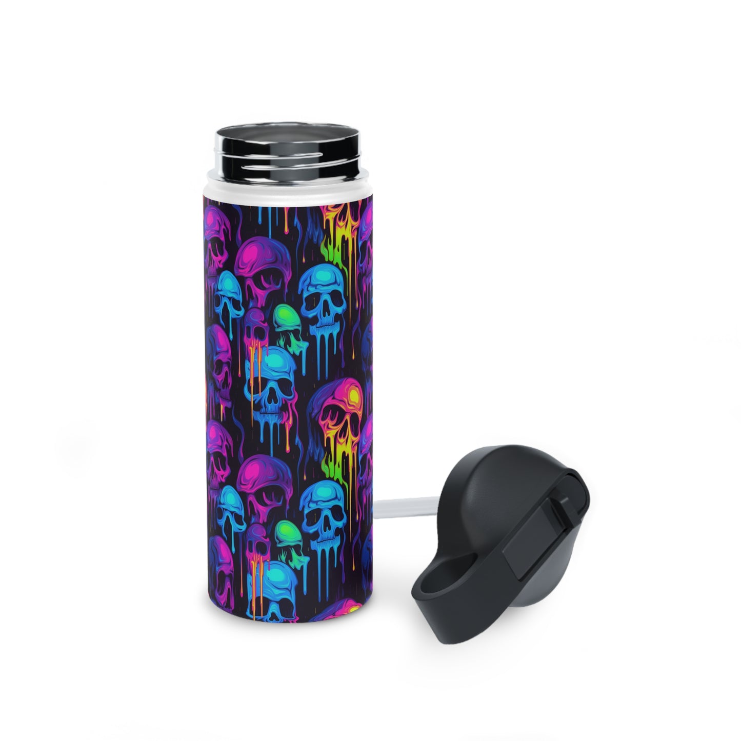 Neon Skulls - Stainless Steel Water Bottle, Straw Lid