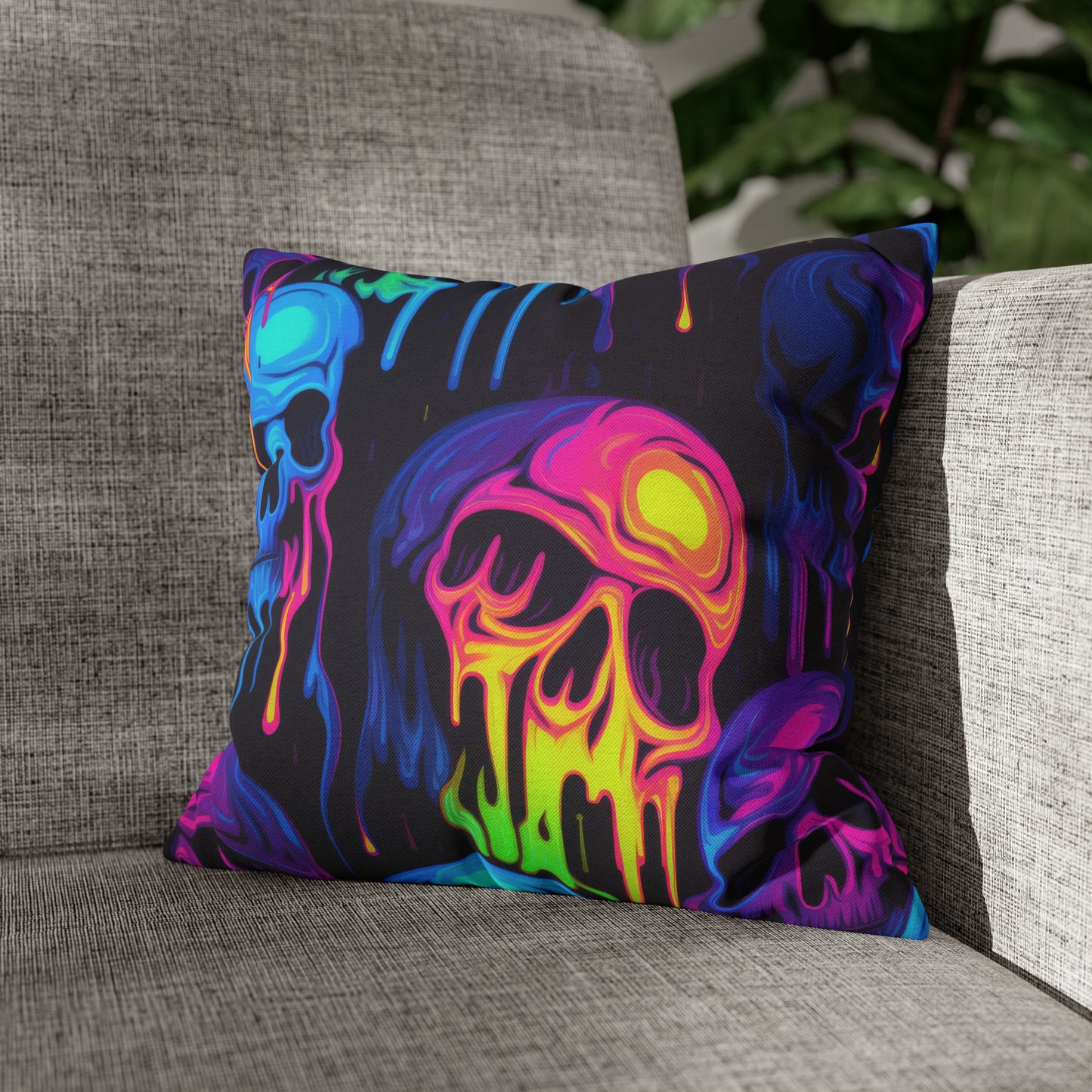 Neon Melting Skulls - Halloween Pillow Cover