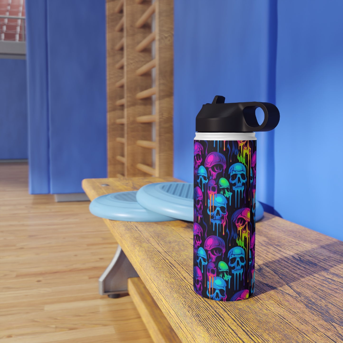 Neon Skulls - Stainless Steel Water Bottle, Straw Lid