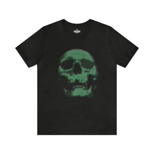 Black Heather colored t-shirt with green matrix looking letters that form a skull