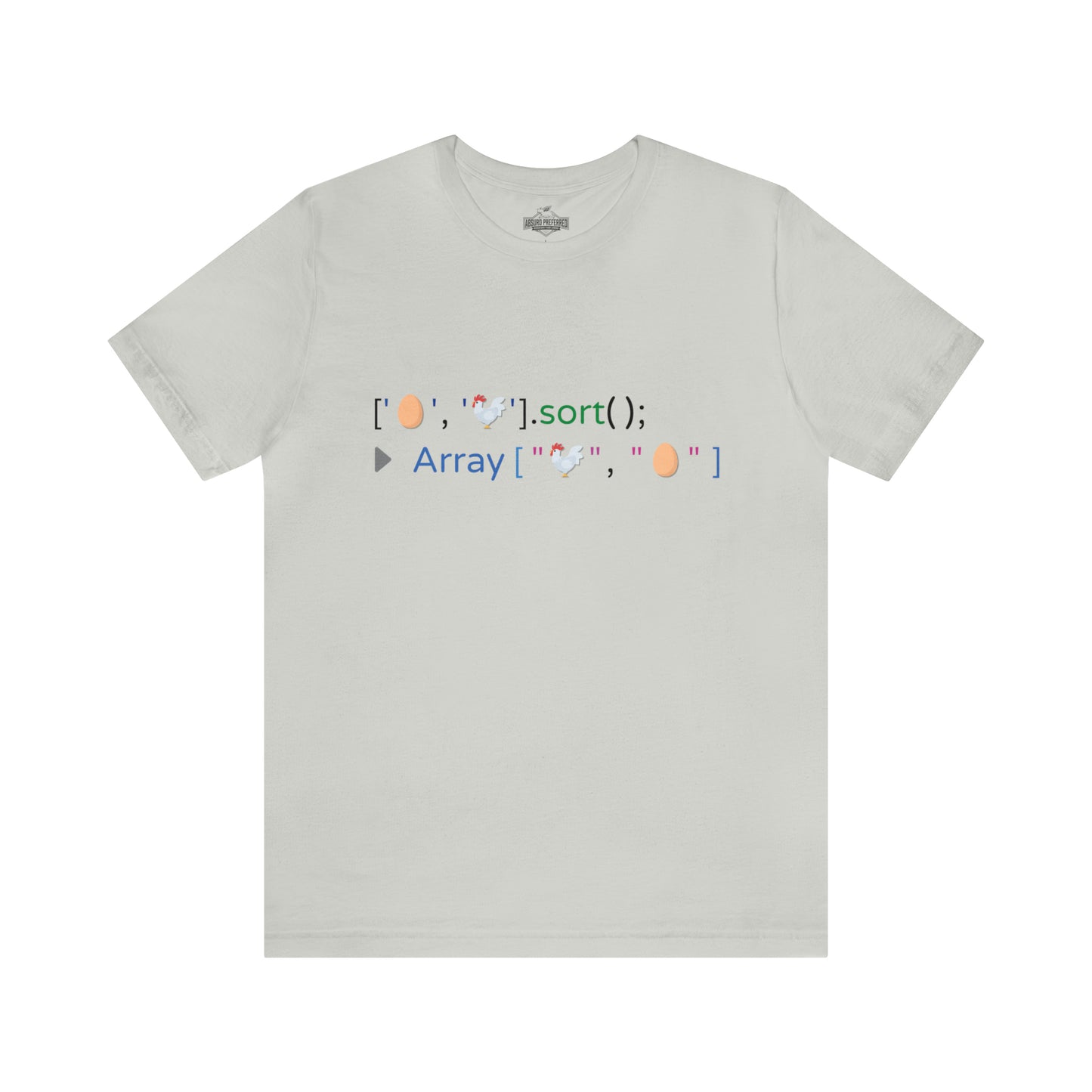 Silver colored t-shirt with funny javascript that sorts an array of emojis representing a chicken and an egg