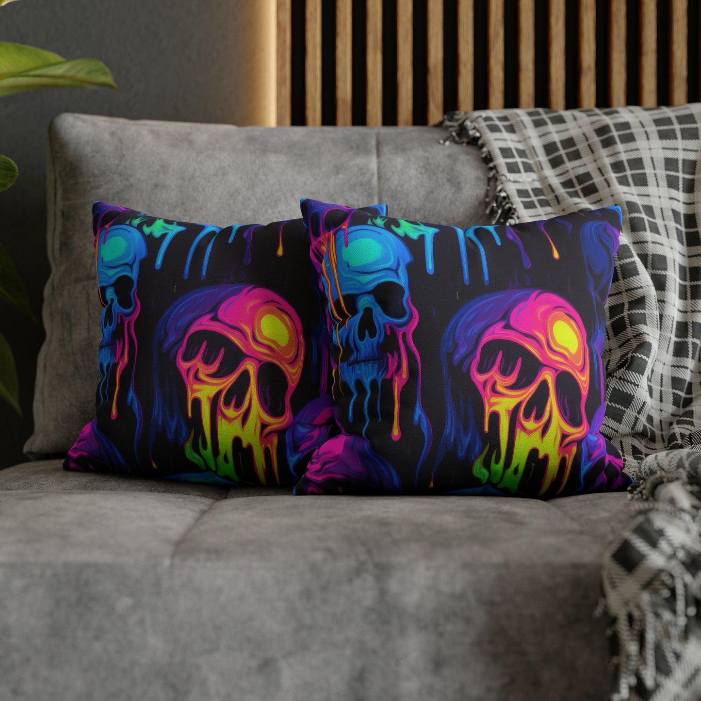 Neon Melting Skulls - Halloween Pillow Cover