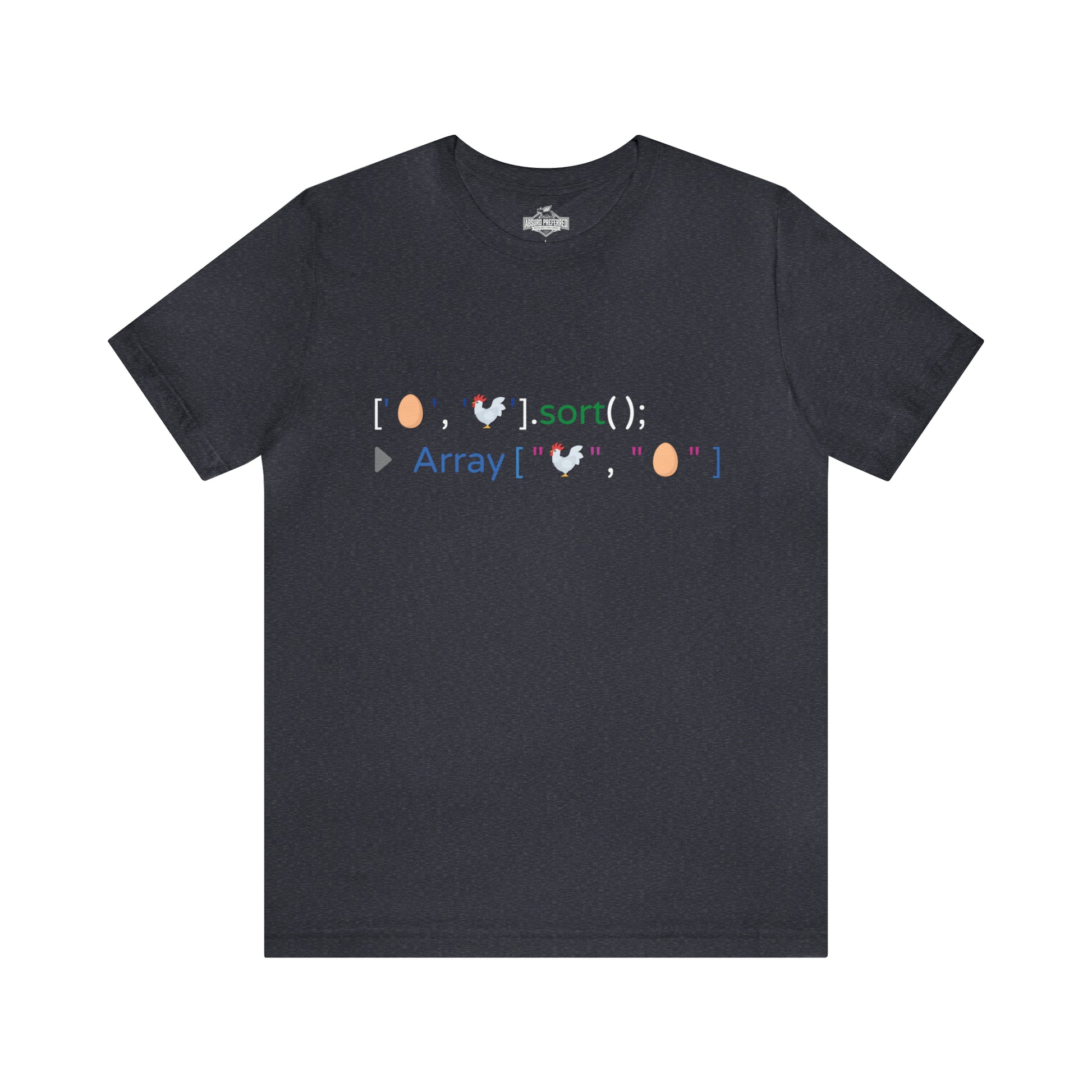 Heather Navy colored t-shirt with funny javascript that sorts an array of emojis representing a chicken and an egg