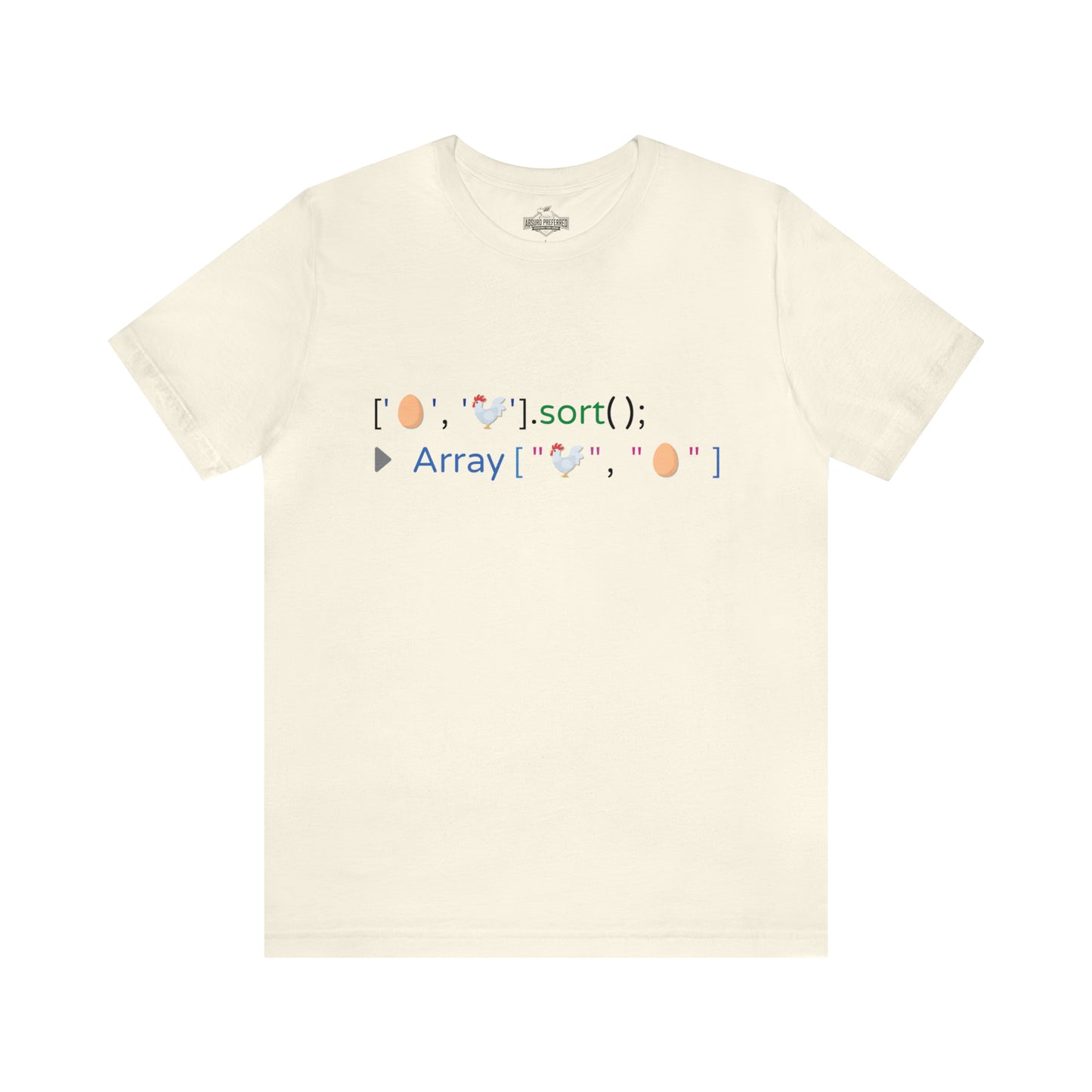 Natural colored t-shirt with funny javascript that sorts an array of emojis representing a chicken and an egg