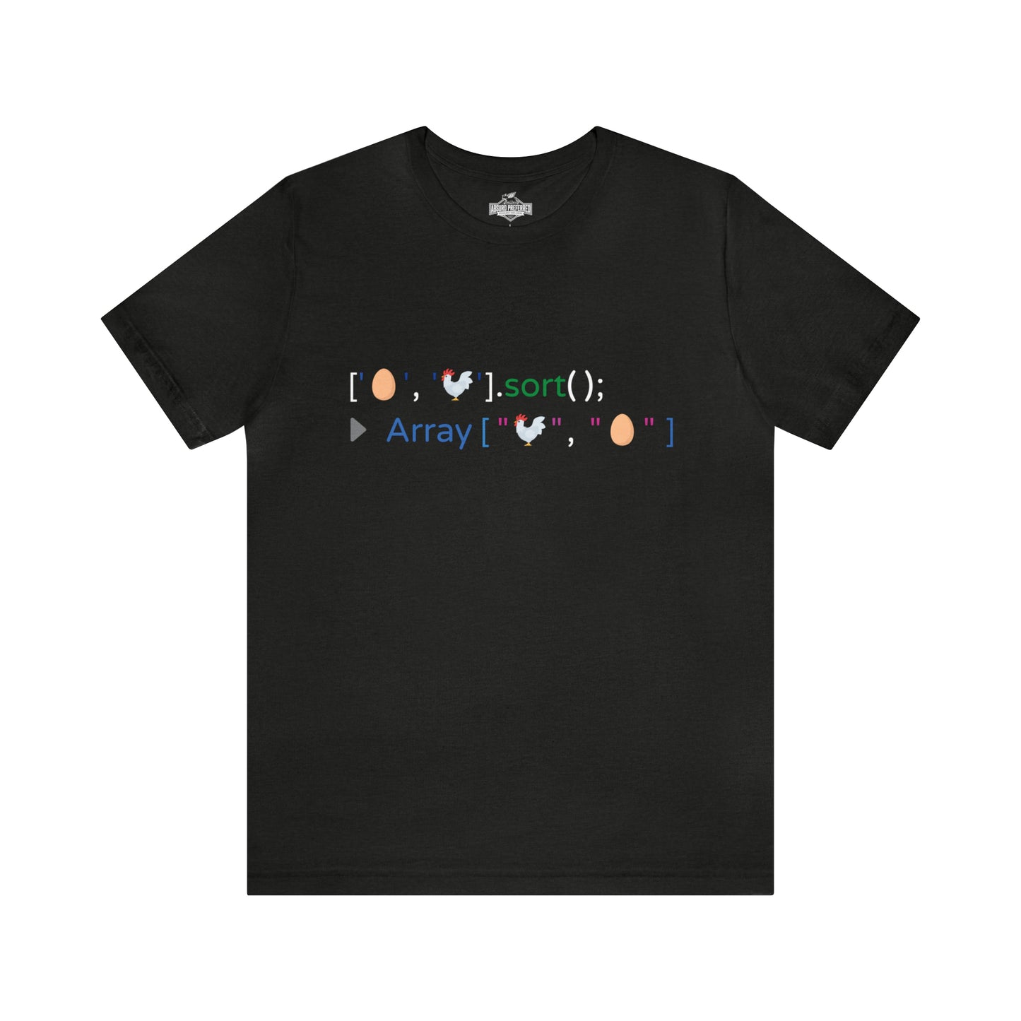 Black Heather colored t-shirt with funny javascript that sorts an array of emojis representing a chicken and an egg