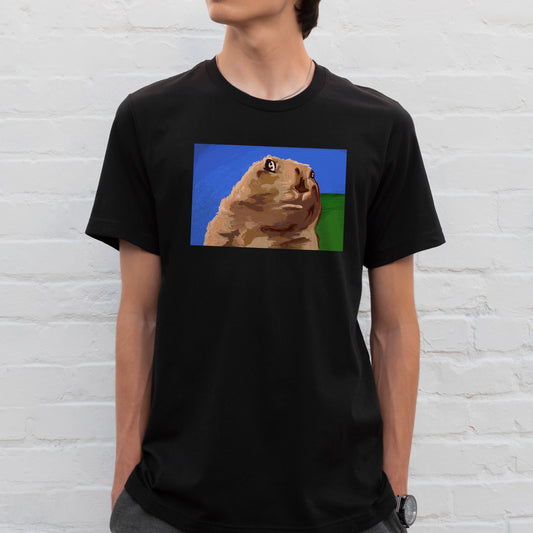 Man wearing a black shirt with a painting of the internet meme "Dramatic Chipmunk" on it